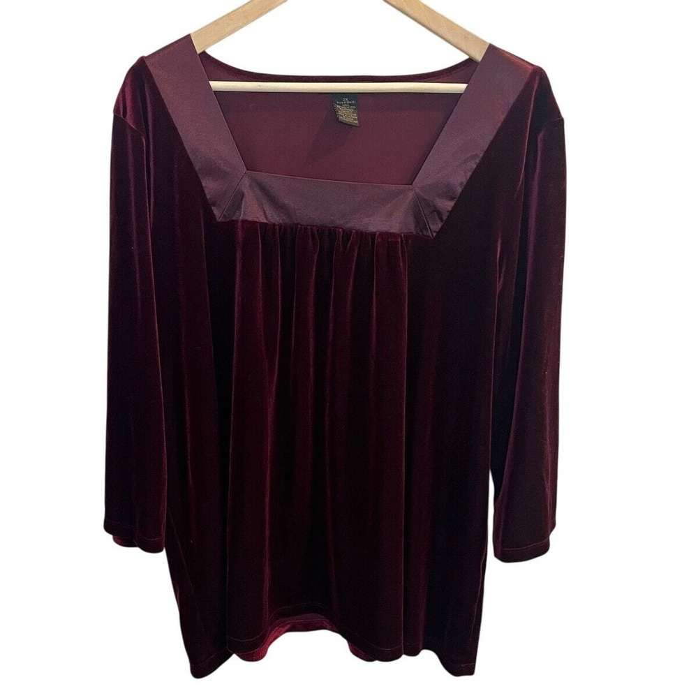 Susan Lawrence Woman Burgundy Velvet Square Neck‎ Satin Trim Blouse 2X Regency